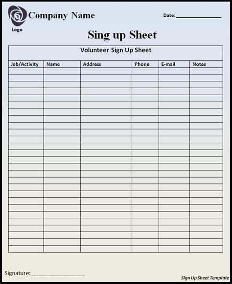 signup sheet template  word templates