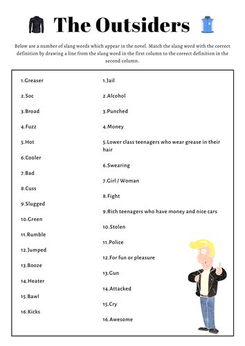 the outsiders english literature novel slang words worksheet and answer