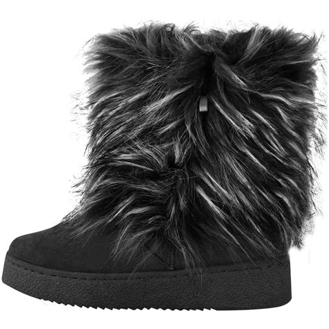 Womens Ladies Flat Faux Fur Furry Winter Ankle Boots Low Heel Fluffy