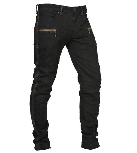 Icon Jeans Mens Black Jeans With Leather Stripes Mens