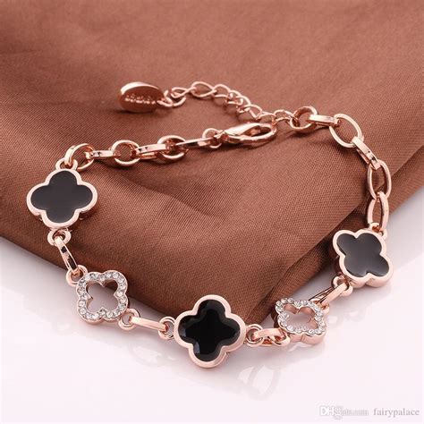 New Four Leaf Clover Charm Bracelets Crystal 18k Rose Gold Rhinestone