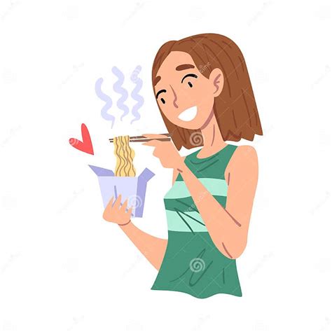 Girl Eating Noodles With Chopsticks Food Express Delivery Service