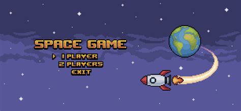 pixel art space game home screen game menu  rocket flying