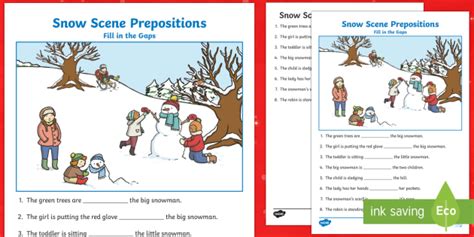 snow place preposition fill   gap worksheet