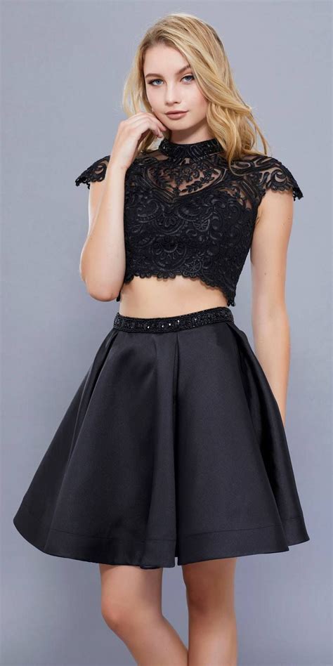 black short sleeves crop top two piece high neck homecoming dress two