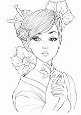 Geisha Colorear Geishas Colouring Tattoo 1040 Desenho Styliste Diseños Adulta Personnage Coloriages sketch template