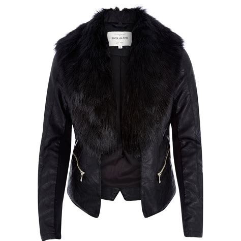 river island black leather  faux fur jacket  black lyst