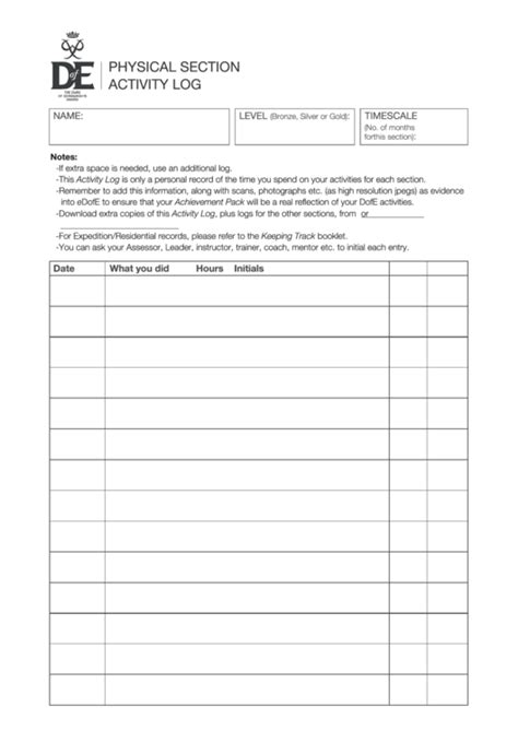 physical section activity log sheet printable