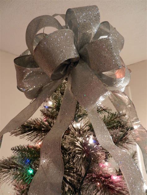 large silver glitter christmas tree topper bow etsy