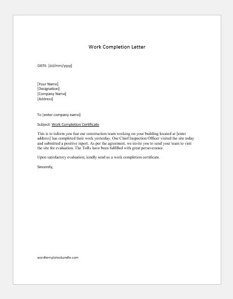 work completion letters   contracts formal word templates