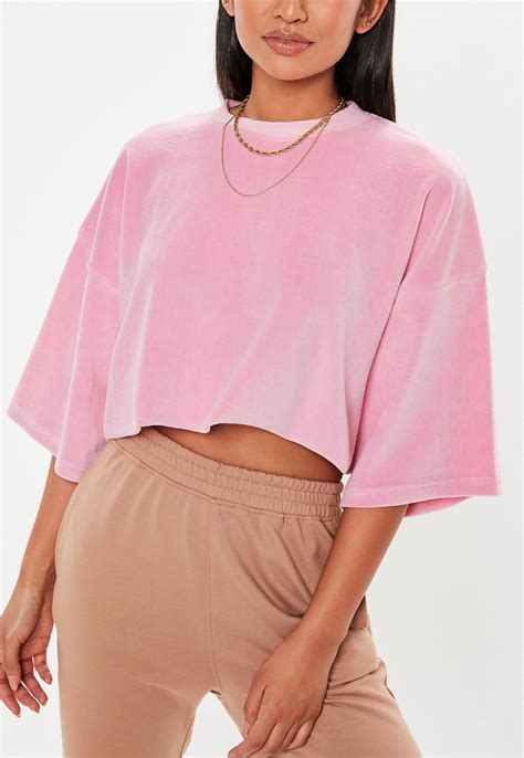 tall pink velour oversized cropped t shirt missguided