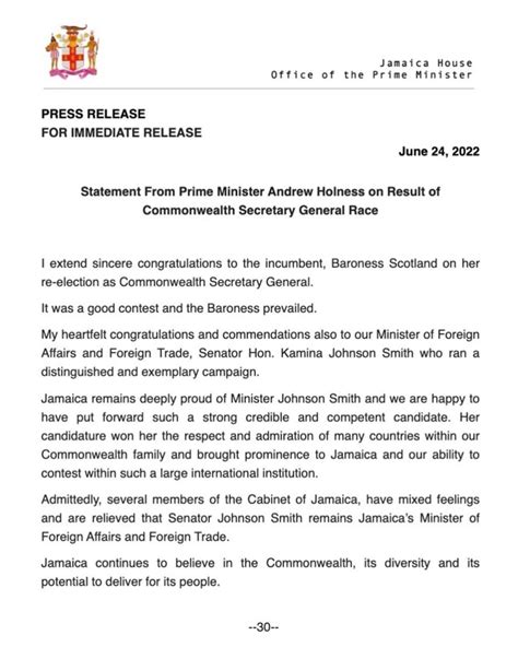 Statement From Prime Minister Andrew Holness On Result Of Commonwealth