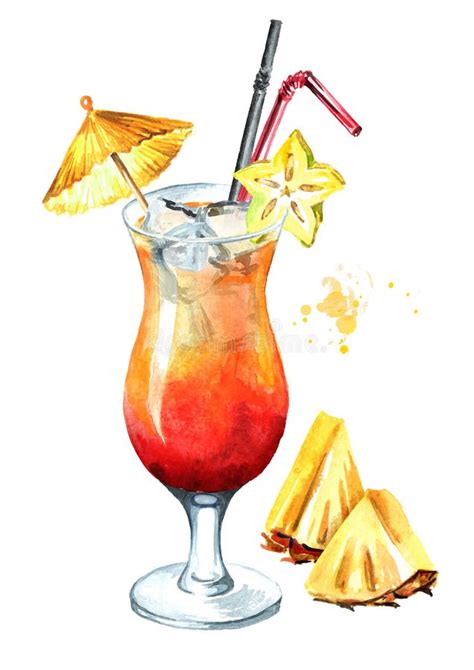 Sex On The Beach Cocktail Watercolor Hand Drawn Illustration Isolated