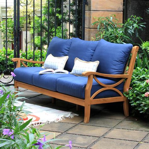 abbington solid teak wood patio sofa  navy cushion cambridge casual