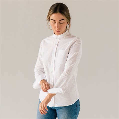 stock mfg  womens white long sleeve banded collar shirt