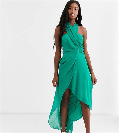 asos design tall midi jurk gedrapeerd met zachte chiffon en overslag bij de hals groen tall