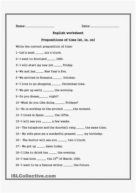 prepositions  time worksheets printable prepositions preposition