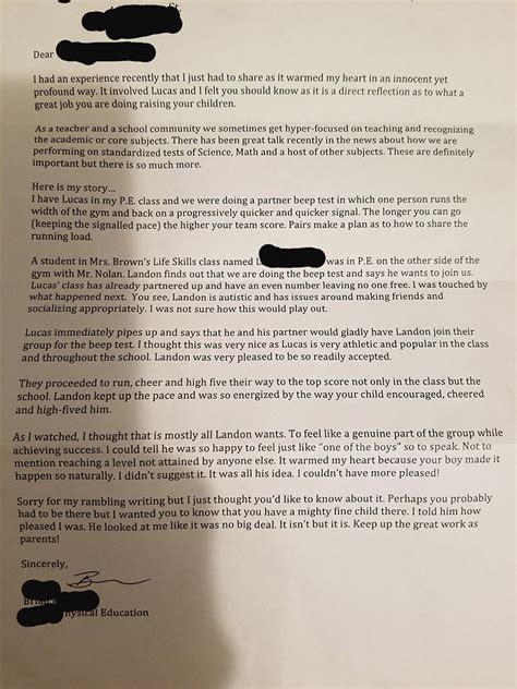 teacher writes parents  letter describing  sons act  kindness