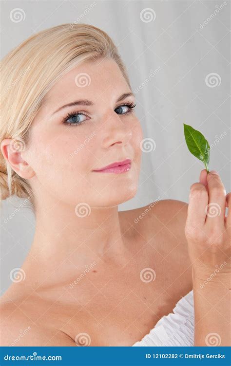 young healthy spa woman  green leaf stock photo image  dayspa