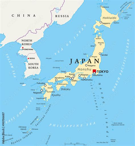 obraz mapa polityczna japonii ze stolica tokio granicami panstwowymi  waznymi miastami