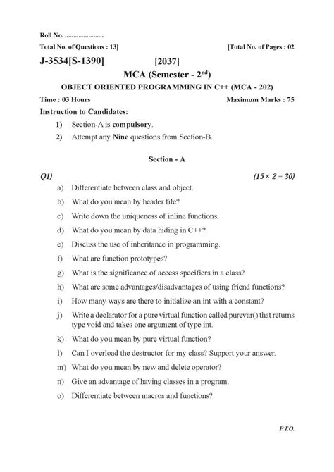 ptu mca  sem object oriented programming   mca  previous years question