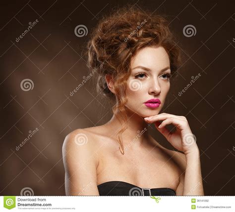 Beauty Fashion Model Girl With Curly Red Hair Long