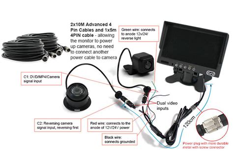 elinz caravan  camera reversing pin ccd kit system trailer cable  monitor hd vv black