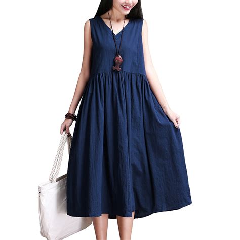 2018 Vintage Women Cotton Linen Dresses Summer V Neck Sleeveless Loose