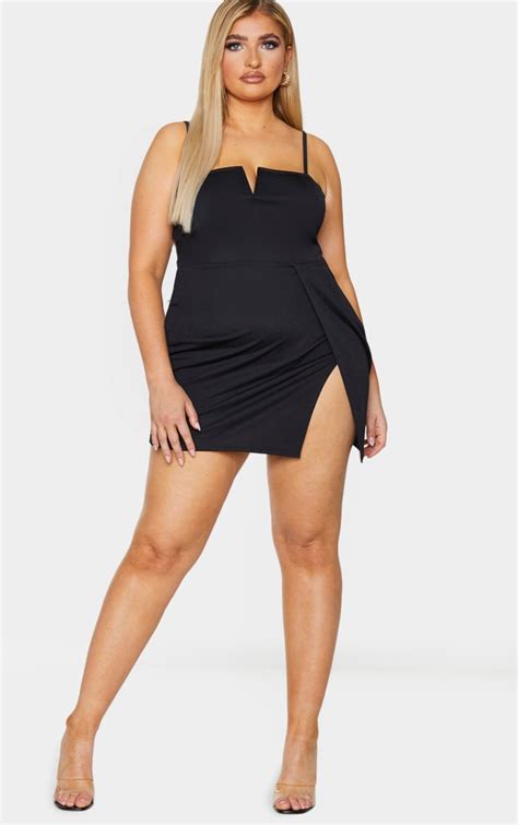 plus black extreme thigh split plunge bodycon dress prettylittlething