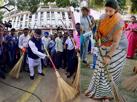 clean india  pics high profile ministers    comfort zone  brooms oneindia news