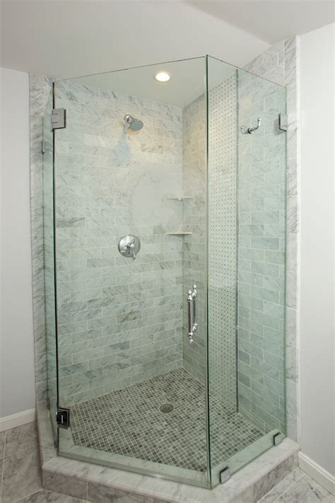 tiled shower with frameless glass enclosure traditional bathroom