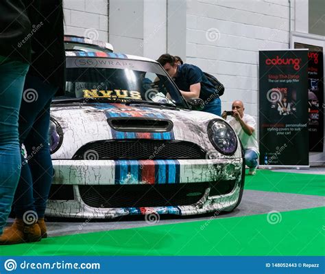wrapped mini cooper  london motor show  editorial stock photo image  front london
