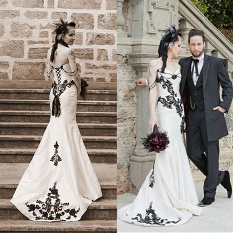 modest wedding dresses black and white mermaid gothic bridal gowns