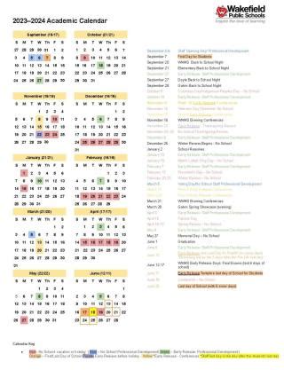 school year calendar wakefield public schools