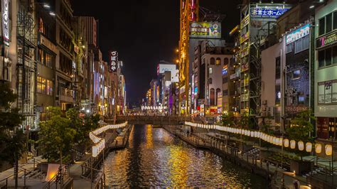 Desktop Wallpapers Japan Osaka Canal River Night Time 3840x2160