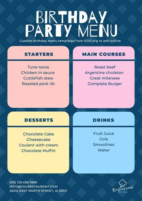 birthday party menu template  customize  birthday party menu