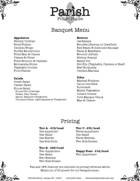 banquet menu parish public house