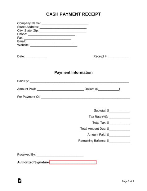 cash payment receipt template  word eforms