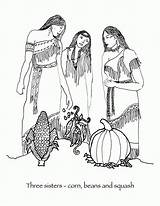Coloring Sisters Native Three American Pages Corn Squash Beans Indian Thanksgiving Wampanoag Drawing Woman Americans Iroquois First Colouring People Pottery sketch template