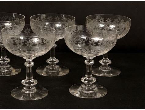 7 Champagne Glasses Crystal Cut Glass French Antique Stars