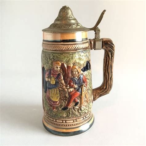 Lidded Beer Stein Drinking Couple Raised Vintage German Mug Cup Ebay