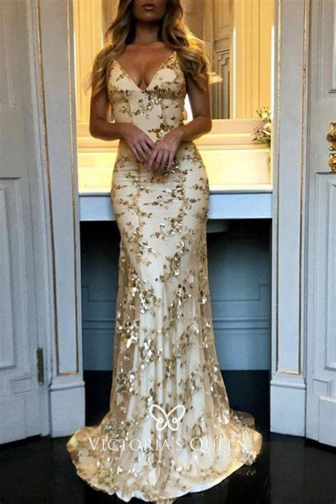 Gold Glitter Sequin Mesh Overlay Long Prom Dress Vq