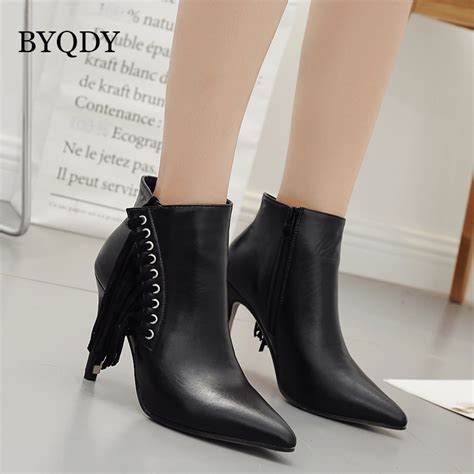 byqdy 2018 leather ladies shoes for party fashion black high heels