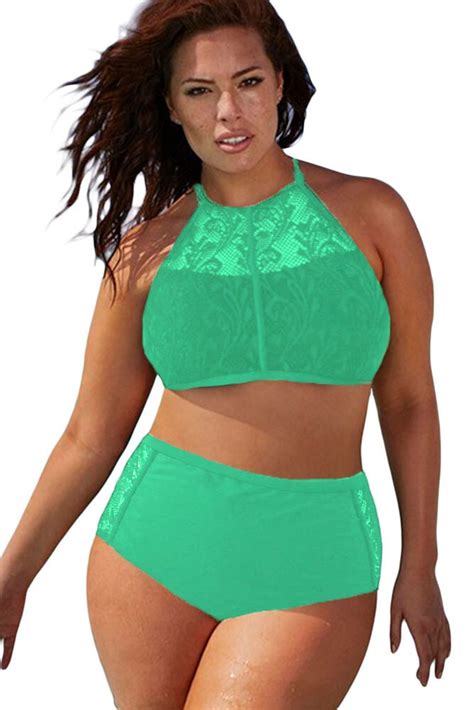 High Neck Padded Swimsuit Plus Size High Waist Swimsuit Halter Padded