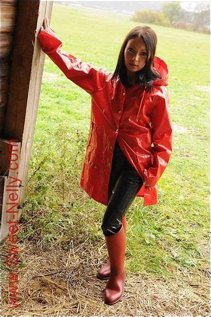 Red Pvc Hooded Raincoat And Red Rubber Boots Rainwear Girl Rainy Day