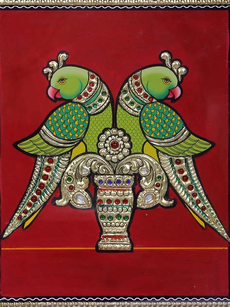 pair  parrot tanjore painting traditional colors   gold