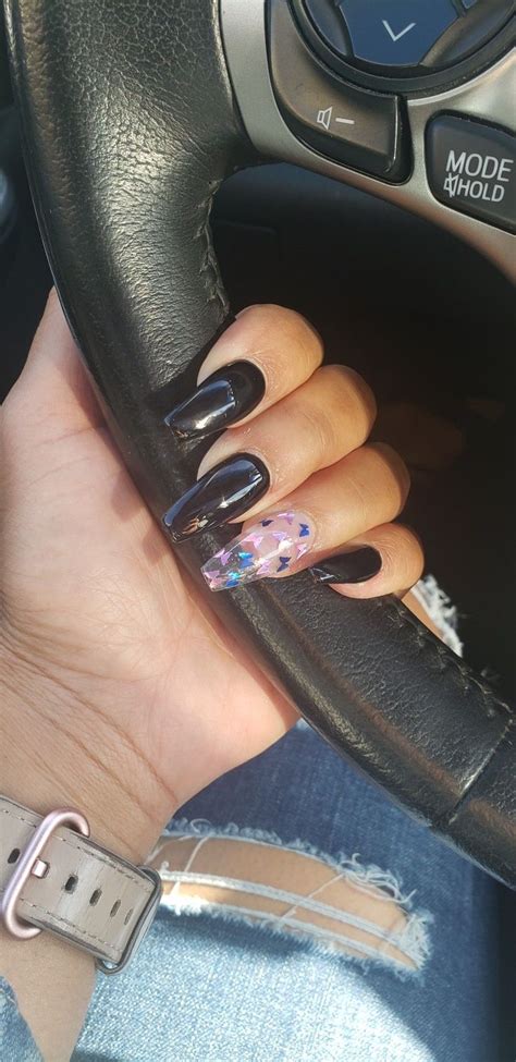 black coffin acrylic nails 1 clear tip with clear gel and