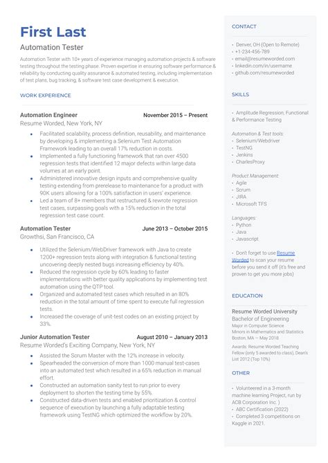 automation tester resume examples   resume worded
