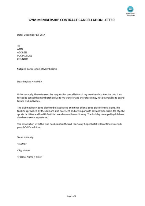 gym membership contract cancellation letter templates