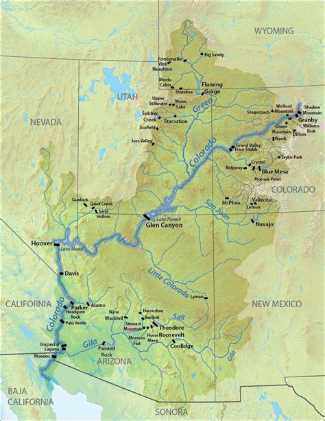map of the major dams along the colorado river and its tributaries